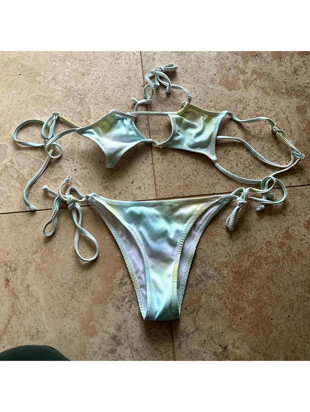 white and light pastel blue and green tie dye ribbed print tie up bikini